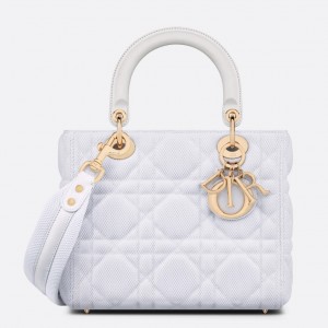 Dior Medium Lady D-Lite Bag In White Macrocannage Technical Fabric