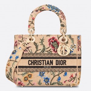 Dior Lady D-Lite Medium Bag In Beige Raffia Embroidered with Dior Petites Fleurs