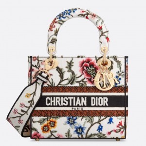 Dior Lady D-Lite Medium Bag In White Dior Petites Fleurs Embroidery