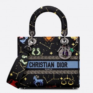 Dior Medium Lady D-Lite Bag In Black Pixel Zodiac Embroidery