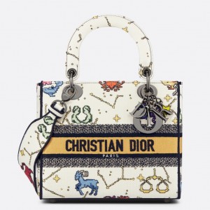 Dior Medium Lady D-Lite Bag In White Pixel Zodiac Embroidery