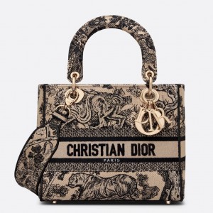 Dior Medium Lady D-Lite Bag In Brown Toile de Jouy Embroidery