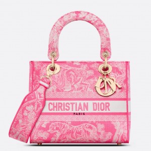 Dior Medium Lady D-Lite Bag In Fluorescent Pink Toile de Jouy Reverse Embroidery