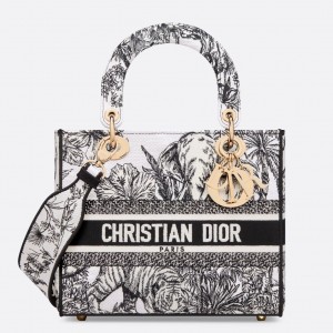 Dior Lady D-Lite Medium Bag In White Toile de Jouy Voyage Embroidery