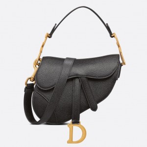 Dior Saddle Mini Bag with Strap in Black Grained Calfskin