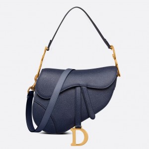 Dior Saddle Bag with Strap in Indigo Blue Grained Calfskin