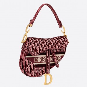 Dior Saddle Bag In Burgundy Dior Oblique Embroidered Velvet