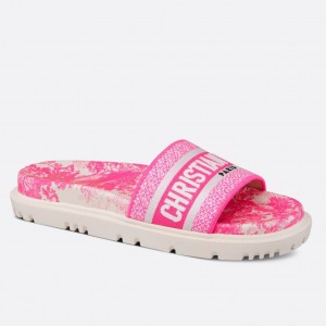 Dior Dway Slides In Bright Pink Toile de Jouy Embroidered Cotton