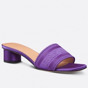Dior Dway Heeled 35MM Slides in Purple Embroidered Satin and Cotton