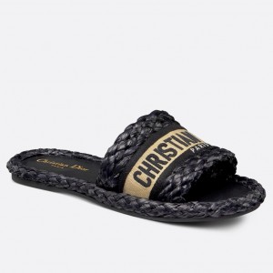 Dior Dway Slides In Black Embroidered Raffia and Cotton