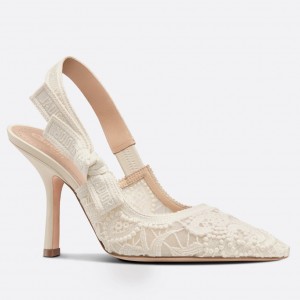 Dior J'Adior Slingback Pumps 100MM In White Macrame Embroidered Cotton