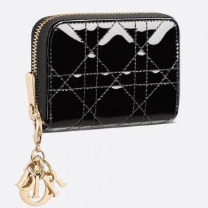 Dior Lady Dior Voyageur Small Coin Purse in Black Patent Leather