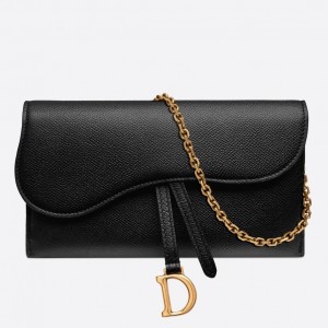 Dior Saddle Chain Wallet In Black Grained Leather