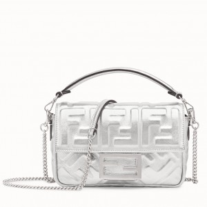 Fendi Baguette Mini Bag In Silver Lambskin With FF Motif