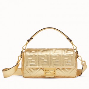 Fendi Baguette Medium Bag In Gold Lambskin With FF Motif