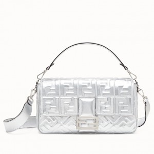 Fendi Baguette Large Bag In Silver Lambskin With FF Motif