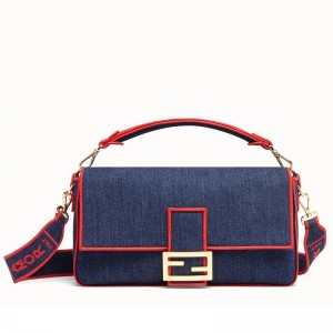 Fendi Large Baguette Bag In Blue Denim With Red Trim