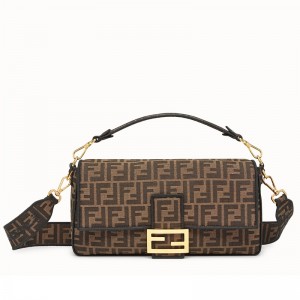 Fendi Baguette Large Bag In FF Fabric With Black Trim