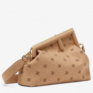 Fendi Medium First Bag In Beige Flannel Embroidery