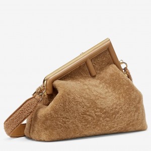 Fendi Medium First Bag In Brown Wool Sheepskin