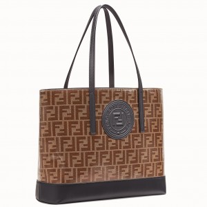 Fendi Logo Shopper Bag In Glazed Fabric With Black Leather