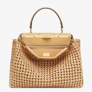 Fendi Peekaboo Medium Bag In Beige Interlace Leather