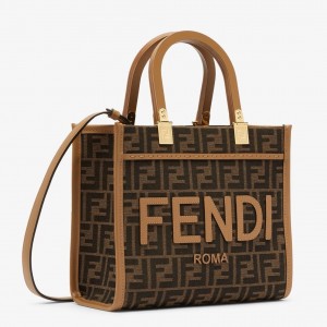 Fendi Sunshine Small Tote Bag in Brown FF Jacquard Fabric