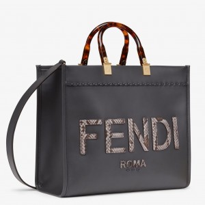 Fendi Sunshine Medium Tote Bag in Black Leather with Python Logo