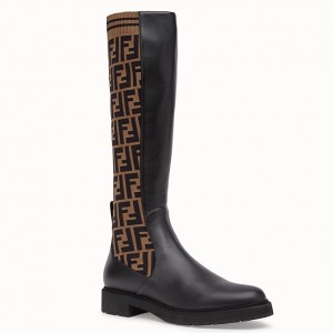 Fendi Rockoko High Boots In Leather With FF Fabric