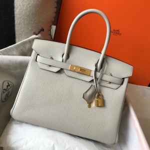 Hermes Pearl Grey Clemence Birkin 30cm Bag GHW