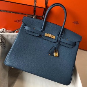 Hermes Birkin 35cm Bag In Blue Agate Clemence Leather