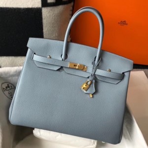 Hermes Birkin 35cm Bag In Blue Lin Clemence Leather