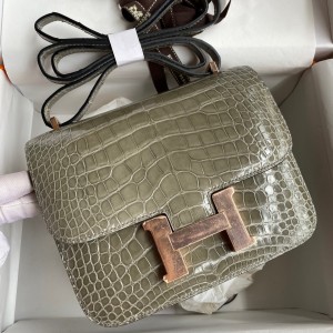 Hermes Constance 18 Handmade Bag In Grey Shiny Alligator Leather
