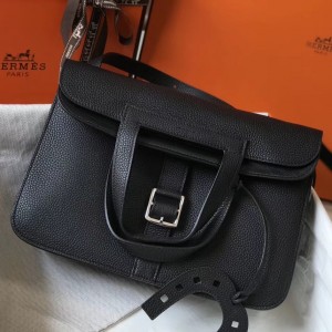 Hermes Halzan 31cm Bag In Black Clemence Leather