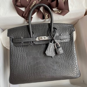Hermes Birkin 25 Retourne Handmade Bag In Graphite Matte Alligator Leather