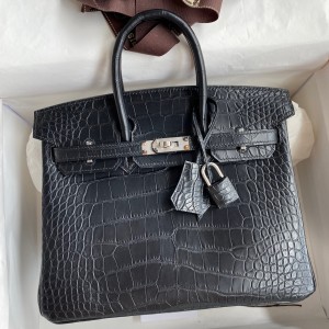 Hermes Birkin 25 Retourne Handmade Bag In Black Matte Alligator Leather