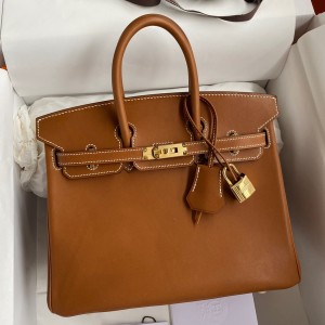 Hermes Birkin 25 Retourne Handmade Bag In Gold Barenia Calfskin