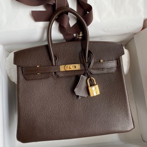 Hermes Birkin 25 Retourne Handmade Bag In Chocolat Chevre Mysore Leather