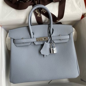 Hermes Birkin 25 Retourne Handmade Bag In Blue Lin Clemence Leather 