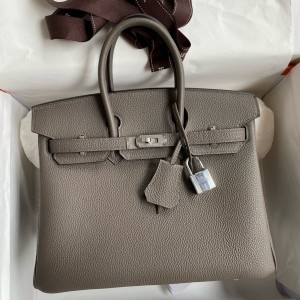 Hermes Birkin 25 Retourne Handmade Bag In Etain Clemence Leather