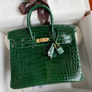 Hermes Birkin 25 Handmade Bag In Malachite Crocodile Niloticus Shiny Skin