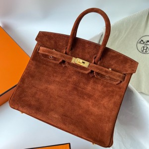 Hermes Birkin 25 Retourne Handmade Bag In Brown Doblis Suede Leather 