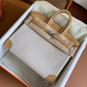Hermes Birkin 25 Handmade Bag In Toile & Biscuit Swift Leather 