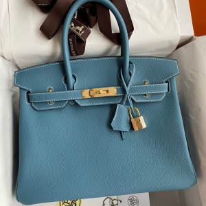 Hermes Birkin 30 Retourne Handmade Bag In Blue Jean Clemence Leather