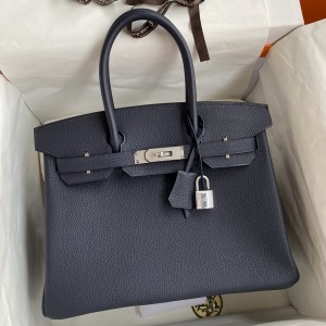 Hermes Birkin 30 Retourne Handmade Bag In Blue Nuit Clemence Leather
