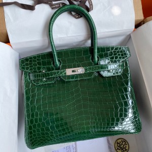 Replica Hermes Birkin 25 Handmade Bag In Malachite Crocodile Niloticus  Shiny Skin