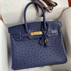Hermes Birkin 30 Retourne Handmade Bag In Blue Iris Ostrich Leather