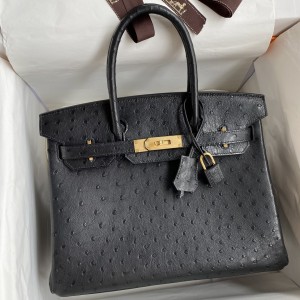 Hermes Birkin 30 Retourne Handmade Bag In Black Ostrich Leather