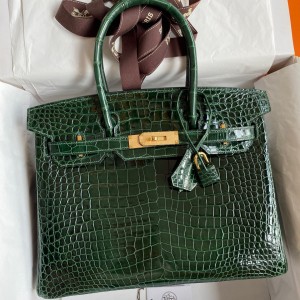 Hermes Birkin 30 Handmade Bag In Green Crocodile Porosus Shiny Skin