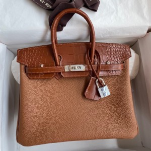 Hermes Touch Birkin 25 Bag in Gold Togo and Matte Alligator Leather